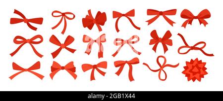 Set piatto cartoon rosso con nastro di prua. Decorazione festiva, imballaggio, elementi di invito per la vendita shopping compleanno Party, San Valentino o Wedding design. Simbolo regalo a sorpresa per l'anniversario di festa Illustrazione Vettoriale