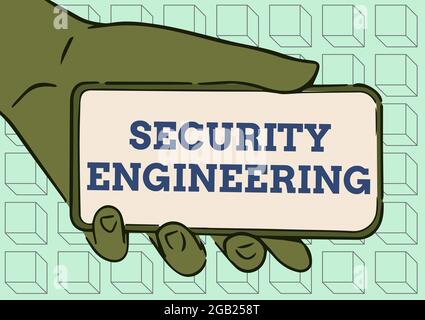 Firma che mostra Security Engineering. Business showcase Focus sugli aspetti di sicurezza nella progettazione di sistemi Adult Hand Illustration Holding Mobile Foto Stock