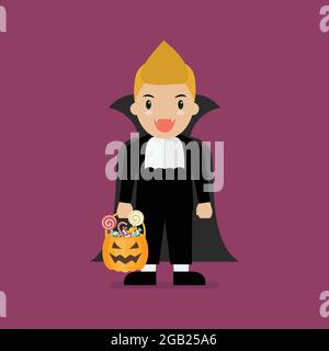 Ragazzo con cesto di zucca vestito in costume vampiro. Festa di Halloween. Illustrazione vettoriale Illustrazione Vettoriale