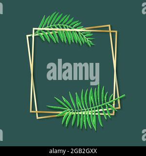 Telaio in carta oro tagliato con foglie tropicali. Due cornici quadrate dorate inclinate giacciono l'una sull'altra. Illustrazione della scheda vettoriale con posto per la vendita Illustrazione Vettoriale