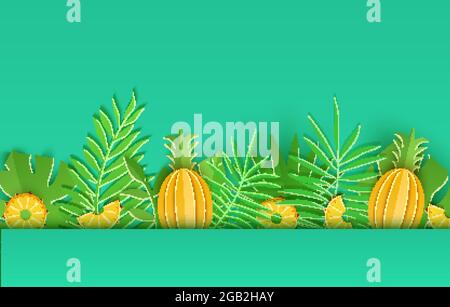 Senza cuciture bordo di foglie tropicali estive un ananas in stile taglio di carta. Artigianato giungla verde piante raccolta botanica con ombra. Vettore creativo Illustrazione Vettoriale