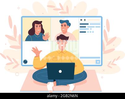 Lavoratore in piano che utilizza un computer per la creazione di team virtuali o la videoconferenza in ufficio. Seminario, riunione online e concetto di lavoro remoto. Gli uomini hanno conferenza web, videochiamata aziendale con i colleghi. Illustrazione Vettoriale