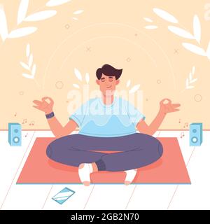 Calma l'uomo con le gambe incrociate in posizione di loto facendo meditazione yoga, pratica di consapevolezza, disciplina spirituale. Piatto persona felice esercizio, seduta a casa su tappetino fitness in postura asana. Illustrazione Vettoriale