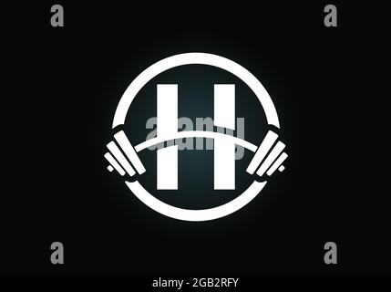 Alfabeto monogramma H iniziale con un barbell. Logo vettoriale di sollevamento. Logo vettoriale moderno per bodybuilding, palestra, fitness club, business e società Illustrazione Vettoriale