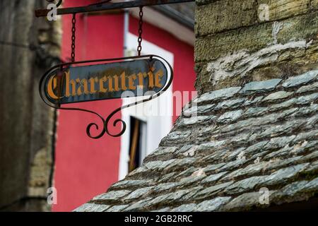 Cartello negozio di delicatessen, Cherbourg, dipartimento della Manica, Cotentin, Normandia, Francia Foto Stock