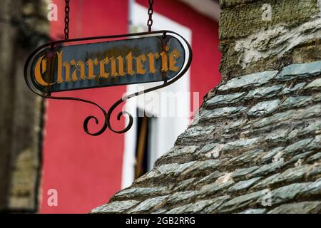 Cartello negozio di delicatessen, Cherbourg, dipartimento della Manica, Cotentin, Normandia, Francia Foto Stock