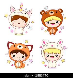 Set di kawaii ragazzo e ragazza in costumi animali. Raccolta di cartoni animati cute bambini in kigurumi pigiama sotto forma di coniglio, unicorno, volpe e orso. VECTO Illustrazione Vettoriale