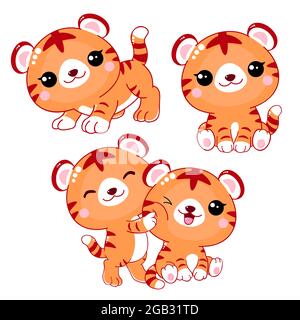 Set di tigri kawaii. Raccolta di carini tigri cartoon. Illustrazione vettoriale EPS8 Illustrazione Vettoriale