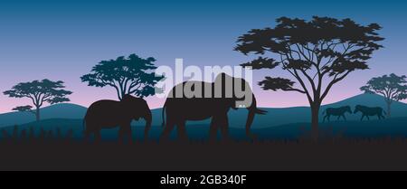 Silhouette animali savana di notte Illustrazione Vettoriale