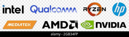 Vinnytsia, Ucraina - 30 luglio 2021. Set di produttori CPU. NVIDIA, Intel, AMD, Ryzen, Qualcomm, Hewlett-Packard, MediaTek Editorial Vector illustra Illustrazione Vettoriale