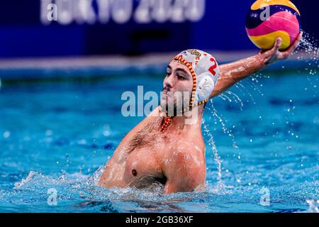 Tokyo, Giappone. 02 agosto 2021. TOKYO, GIAPPONE - 2 AGOSTO: Alberto Munarriz di Spagna durante il torneo olimpico di Waterpolo di Tokyo 2020 incontro maschile tra la squadra Spagna e la squadra Croazia al Tatsumi Waterpolo Center il 2 agosto 2021 a Tokyo, Giappone (Foto di Marcel ter Bals/Orange Pictures) Credit: Orange Pics BV/Alamy Live News Foto Stock