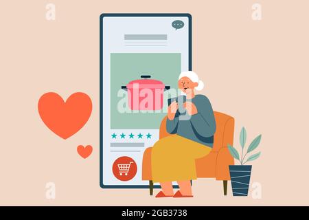 Illustrazione piatta della donna anziana seduta sulla poltrona che acquista cookware online utilizzando il telefono cellulare Illustrazione Vettoriale