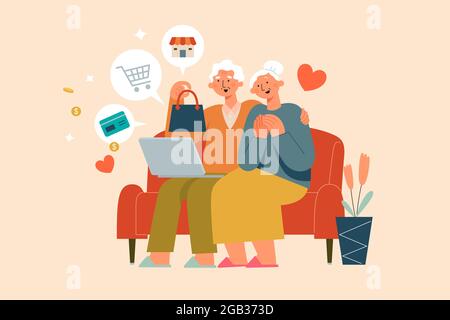 Immagine piatta di una coppia anziana che utilizza un computer portatile per lo shopping online. L'uomo anziano e la donna si divertano a navigare su Internet a casa per fare acquisti Illustrazione Vettoriale
