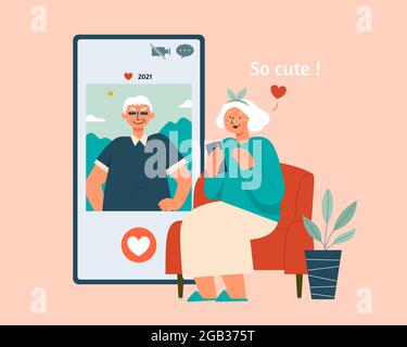 Illustrazione di stile piatto della donna anziana seduta sulla poltrona che fa scorrere l'app di incontri online alla ricerca dell'uomo anziano Illustrazione Vettoriale