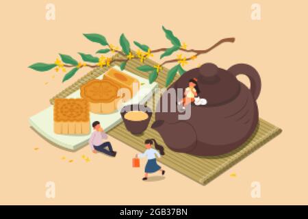 Design del festival di metà autunno. Illustrazione piatta di persone che hanno mooncakes e tè caldo come celebrazione Illustrazione Vettoriale