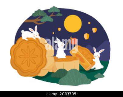 Design del festival di metà autunno. Illustrazione piatta dei conigli di luna sui mooncakes che guardano la luna piena alla notte Illustrazione Vettoriale