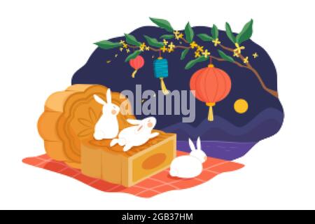Design del festival di metà autunno. Illustrazione piatta dei conigli di luna sul plaid del picnic che guarda la luna sulla notte del festival della mooncake Illustrazione Vettoriale