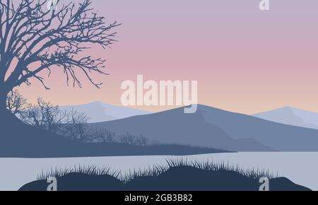 Fantastica vista sulle montagne dalla riva del fiume all'alba con silhouette di alberi asciutti ed estetici. Illustrazione vettoriale Illustrazione Vettoriale