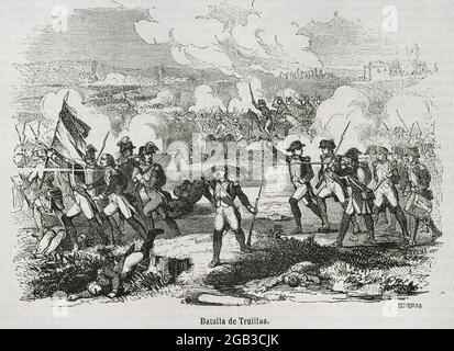 Battaglia di Truillas (22 settembre 1793). Episodio di guerra che ha avuto luogo a Truillas, vicino Perpignan, durante la guerra di Roussillon o la guerra dei Pirenei, tra le truppe di Carlo IV di Spagna, sotto il comando del generale Antonio Ricardos, e l'esercito francese guidato da Luc Siméon Auguste Dagobert. L'esercito spagnolo ha vinto una grande vittoria contro l'esercito rivoluzionario francese, guidandoli di nuovo verso le montagne. Incisione di Severini. Historia Generale de España di Padre Mariana. Madrid, 1853. Foto Stock