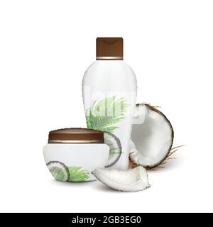 Shampoo naturale al cocco e vettore cosmetico alla crema Illustrazione Vettoriale