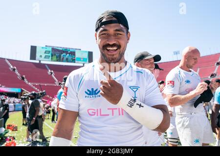 LA Giltinis fiancher Pago Haini (20) dopo aver vinto la partita di campionato MLR contro Rugby ATL, domenica 1 agosto 2021, a Los Angeles, CIRCA Il Giltin Foto Stock