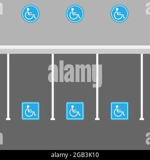 Parcheggio in background per disabili. Cartello blu per sedia a rotelle. Set di icone per disabili. Parcheggio Foto Stock