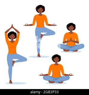 Donna africana che fa yoga set. Lo yoga diffrent pone. Illustrazione vettoriale in stile piatto Illustrazione Vettoriale