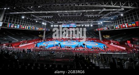 Tokyo, Giappone. 02 agosto 2021. Vista generale della Tokyo Olympics Wrestling alla Makuhari Messe nella Prefettura di Chiba, Giappone, lunedì 2 agosto 2021. Foto di Keizo Mori/UPI Credit: UPI/Alamy Live News Foto Stock