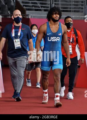 Tokyo, Giappone. 02 agosto 2021. La Tracy Gangelo Hancock degli Stati Uniti sconfigge la finale del quartiere serbo Mihail Kajaiain durante la gara maschile greco-romana di 97 kg alla Makuhari Messe di Chiba-Prefettura, Giappone, lunedì 2 agosto 2021. Foto di Keizo Mori/UPI Credit: UPI/Alamy Live News Foto Stock