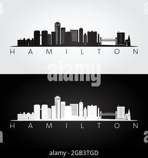 Profilo dello skyline di Hamilton e dei punti di riferimento, design in bianco e nero, illustrazione vettoriale. Illustrazione Vettoriale