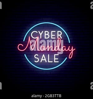Cartello al neon del Cyber Monday in cerchio. Cartello di vendita. Modello di disegno vettoriale. Illustrazione Vettoriale