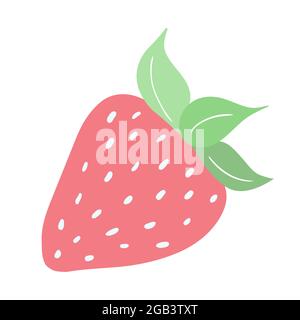 Doodle di fragole rosa disegnate a mano con scritte, foglie isolate su sfondo bianco. Succose frutti di bosco estivi per il design di adesivi, poster menu. Immagine piatta vettoriale. Illustrazione vettoriale Illustrazione Vettoriale