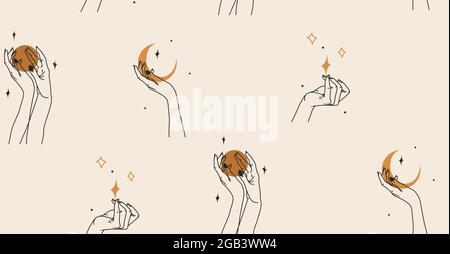 Disegno a mano vettore astratto stock grafico piatto con elemento logo, bohemian linea magica arte modello senza giunture di mano donna, mezzaluna, stella e. Illustrazione Vettoriale