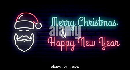 Segno al neon con l'immagine di Babbo Natale e l'iscrizione: Buon Natale & Felice Anno Nuovo. Illustrazione vettoriale. Illustrazione Vettoriale