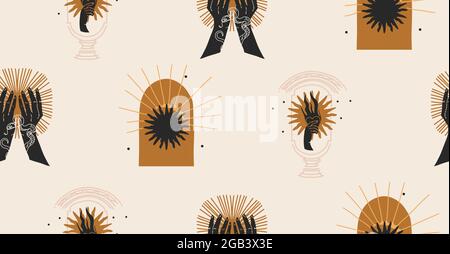 Disegno a mano vettore astratto stock grafico piatto con elemento logo, bohemian linea magica arte modello senza giunture di mano donna, oro sole, stella e. Illustrazione Vettoriale
