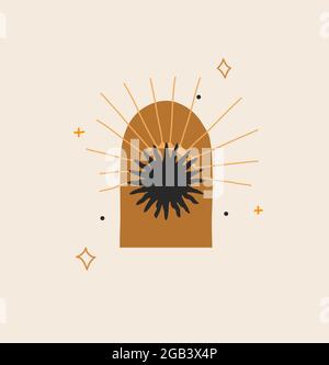Grafico piatto vettoriale disegnato a mano con elemento logo, linea magica bohémien arte di silhouette sole, stelle e raggi solari in semplice Illustrazione Vettoriale
