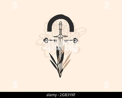 Illustrazione grafica piatta del vettore astratto disegnata a mano con elementi del logo, spada e fiori, linea d'arte magica in stile semplice per marcare a caldo Illustrazione Vettoriale