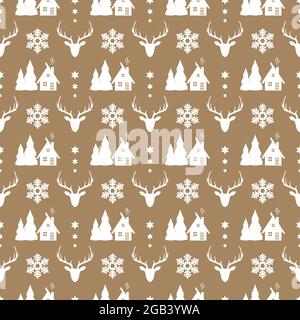 Natale senza giunture con cervi, fiocchi di neve e casa in legno. Disegno vettoriale per carta da imballaggio, carta da parati in tessuto, ecc. Illustrazione Vettoriale