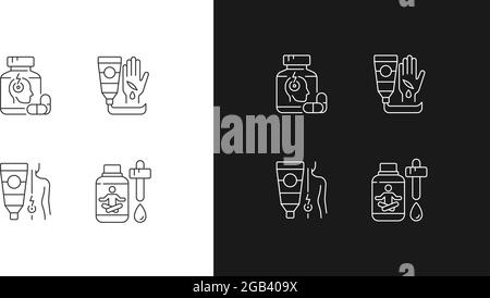 Survival First Aid kit icone lineari impostate per la modalità chiara e scura Illustrazione Vettoriale