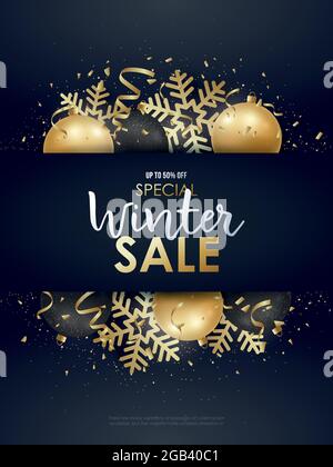 Winter sale design con decorazioni natalizie in oro e nero. Modello vettoriale per banner, schede, poster, ecc. Illustrazione Vettoriale