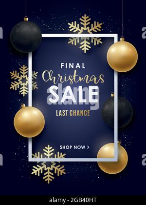Design natalizio realistico con decorazioni natalizie in oro e nero. Modello vettoriale per banner, schede, poster, cartelloni di vendita, ecc. Illustrazione Vettoriale