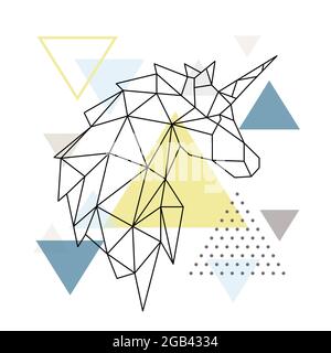 Sagoma geometrica unicorno su sfondo triangolare. Emblema unicorno poligonale. Illustrazione vettoriale. Illustrazione Vettoriale