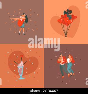 Cartoon vettoriale astratto disegnato a mano Grafica moderna Happy giornata di San Valentino concept illustrazioni carte d'arte e poster collezione insieme con coppie danzanti Illustrazione Vettoriale
