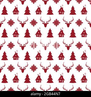 Motivo rosso Natale senza cuciture su sfondo bianco. Disegno vettoriale per carta da imballaggio, carta da parati in tessuto, ecc. Illustrazione Vettoriale