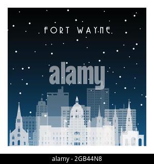 Notte invernale a Fort Wayne. Notte città in stile piatto per banner, poster, illustrazione, sfondo. Illustrazione Vettoriale