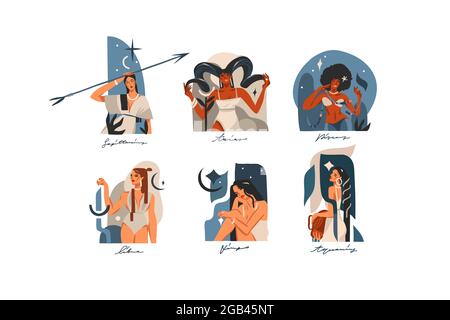Illustrazioni grafiche astratte disegnate a mano con set di collezioni di segni astrologici contemporanei zodiacali, caratteri magici femminili di bellezza Illustrazione Vettoriale