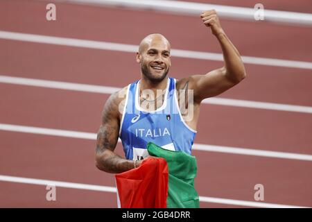 JACOBS Lamont Marcell (ITA) Medaglia d'oro durante i Giochi Olimpici Tokyo 2020, Atletica maschile 100m finale il 1 agosto 2021 allo Stadio Olimpico di Tokyo, Giappone - Foto Kishimoto / DPPI Foto Stock