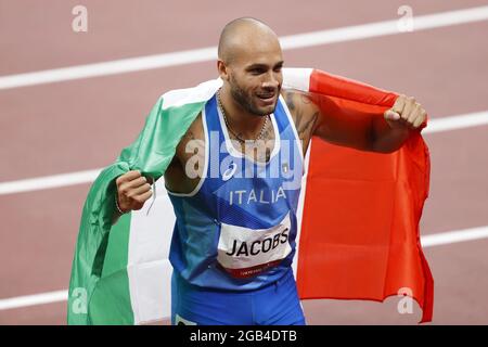 JACOBS Lamont Marcell (ITA) Medaglia d'oro durante i Giochi Olimpici Tokyo 2020, Atletica maschile 100m finale il 1 agosto 2021 allo Stadio Olimpico di Tokyo, Giappone - Foto Kishimoto / DPPI Foto Stock