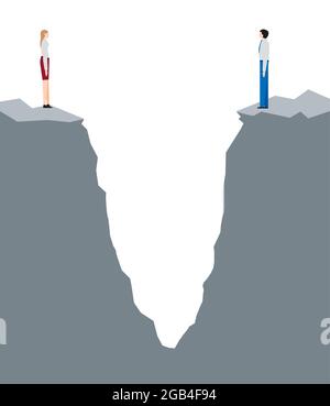 Concetto di una donna e di un uomo di fronte ad una burrone. Differenze sociali tra uomini e donne. Divario retributivo di genere, quanto meno guadagnano le donne rispetto agli uomini Illustrazione Vettoriale