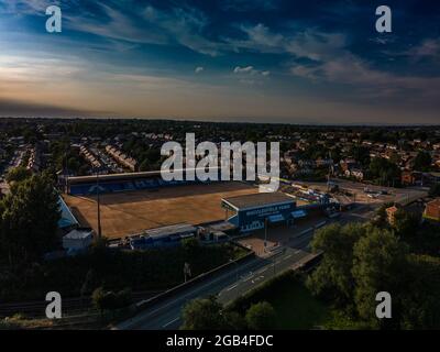 Macclesfield Town AFC il drone aereo della Silk MEN poco prima del Club fu costretto a Fold nel 2020 a causa di Covid 19 Coronavirus Foto Stock